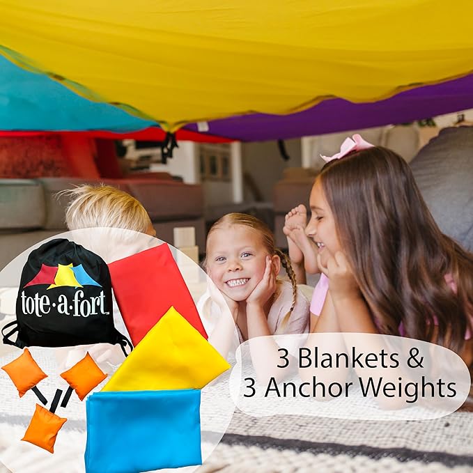 Tote a Fort Original Blanket Fort Building Kit for Kids, 3 Blanket TOTEAFORT Toy, Make a Portable Playhouse, Play Tent Boy and Girl Indoor Outdoor Build Set, STEM Children Toy, Ages 4, 8, 12 +