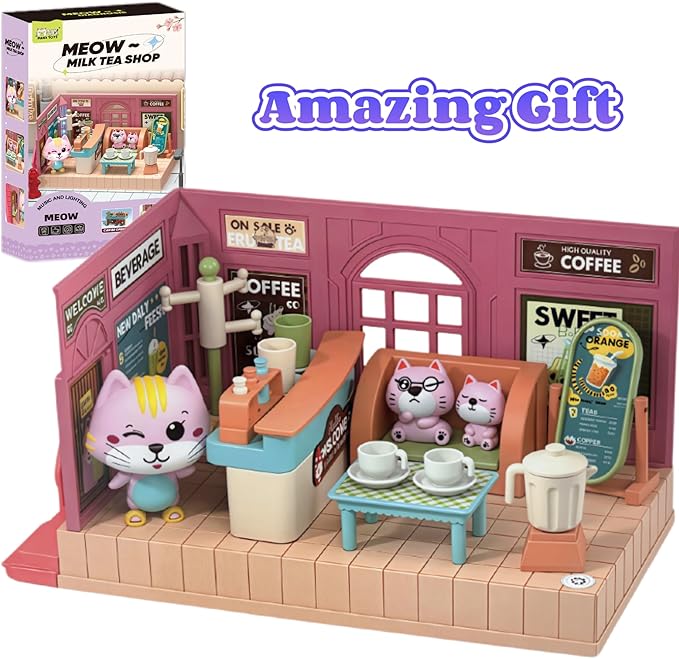 Koko's Cat Town DIY Miniature House Kit,Tiny House Cafes Building Kit,Dollhouse for 3 and up, Dollhouse Building Kit with Cats,Cat Toys Gift for Teens Kids Ages 3+