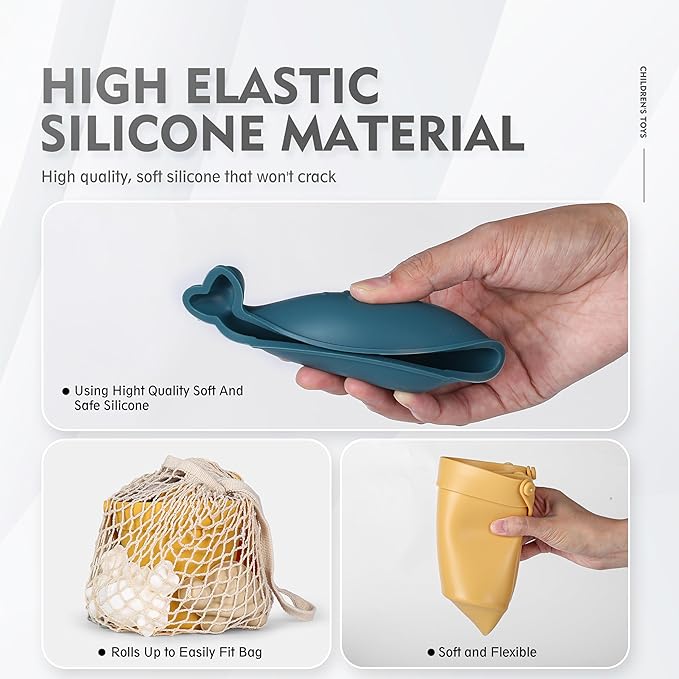 MarcZero 11Pcs Silicone Beach Toys,Modern Baby Beach Toys,Travel Friendly Beach Set,Eco Friendly Toy,Silicone Bucket, Shovel, 8 Sand Molds, Beach Bag,Silicone Sand Toys for Toddlers, Kids (Yellow)