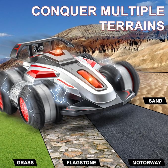 RC Cars, 2.4 GHz Fast Stunt RC Car, 4WD 360° Rotating RC Trucks with lights and music, High Speed Off Road Stunt Truck, upright walking cars, Remote Control Car Toy for 6-12 Boys and Girls(RED)