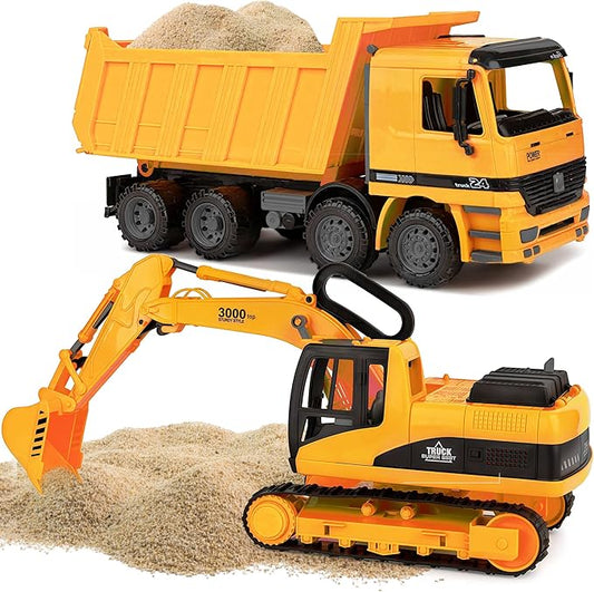 Toy To Enjoy Construction Toys - Excavator & Dump Truck Toy for Kids (Set of 2) – Moveable Claw & Lifting Back – Garbage Truck & Bulldozer Digger – Construction Vehicles for Boys & Kids