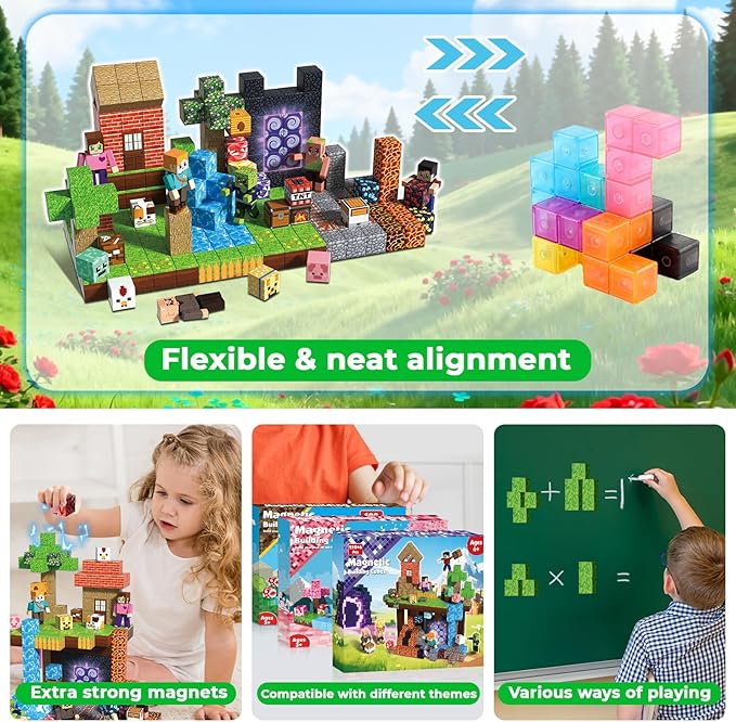 210PCS Magnetic Blocks with 8 Action Figures– 2025 STEM Magnetic Building Blocks for Kids Christmas, Creative Educational Play Set for Boys & Girls