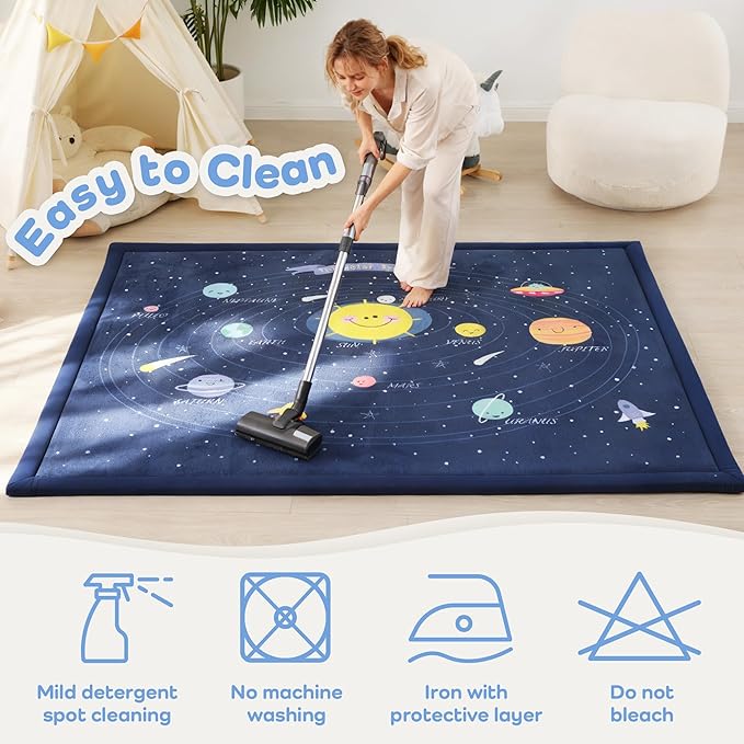 1.3" Thick Educational Baby Floor Play Mat 79x158, Basic Padded Memory Foam Kids Mat, Extra Large Non-Slip Plush Playmat for Nursery Playroom Classroom (Planet)