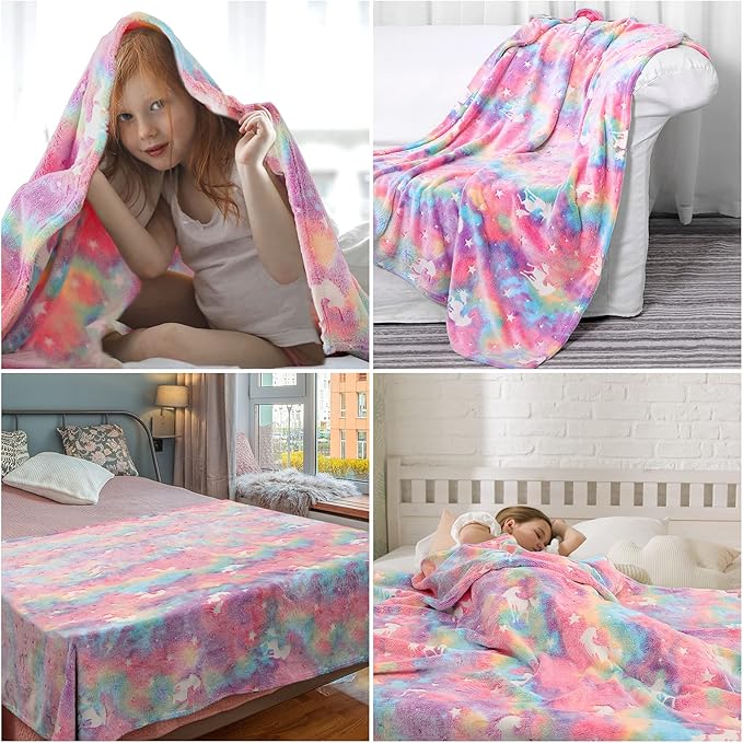 SALIMAH Glow in The Dark Blanket Unicorns Gifts for Girls, Toys for Girls Age 2 3 4 5 6 7 8 9 10 Year Old, Soft Kids Blankets Gifts for Grandkids Teens for Christmas Birthday, 60"x80"