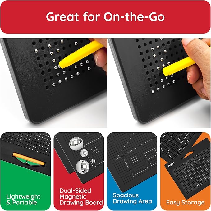 PicassoTiles 2-in-1 Magnetic Drawing Board Toy 12x10 inch Large Magnet Bead Tablet Pad with 2 Facings Alphabet STEM Free Style Educational Erasable & Reusable Learning Writing Playboard in Black PTB04
