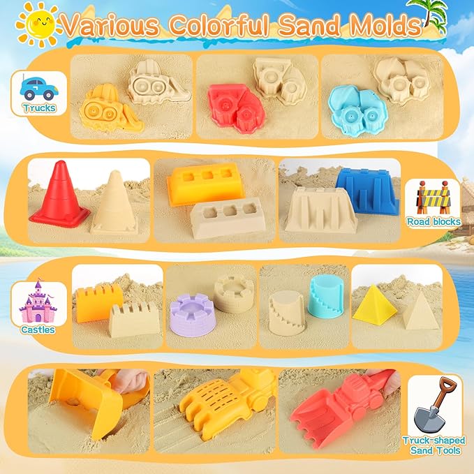 Beach Sand Toys, Large Dump Truck with Bucket, Sandbox Construction Toy Sand Castle Building Kit with Mesh Bag, Sand Molds, Shovels, Worker Figures, Kids Toddlers Summer Outdoor Travel Toys