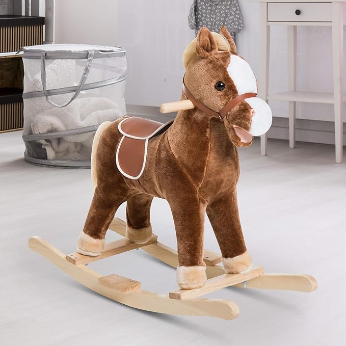 Qaba Kids Plush Toy Rocking Horse Ride on with Realistic Sounds - Brown