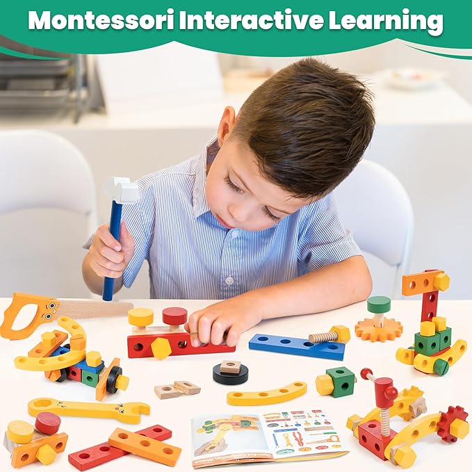 WOOOMAM Kids Tool Set, 90 PCS Wooden Toddler Tool Set with Box and Flash Cards, Tool Kit for Kids Age 3-5 Years, Toddler Boy Toys, FSC Certified Material