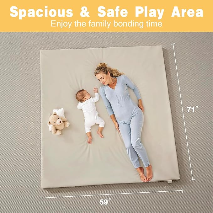 Padded 71" ×59" Large Baby Play Mat for Floor, 1.2" Thick Memory Foam Playmat with Soft Vegan Leather Cover, Cushioned Play Mat for 71" x59" Playpens, Grey