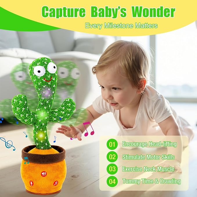 Ayeboovi Baby Toys Dancing Talking Cactus, Volume Adjustable Mimicking Recording Cactus Toy Repeats What You Say, Toddler Toys Singing Cactus with 120 Songs, Tummy Time Toys for Kids Boys Girls