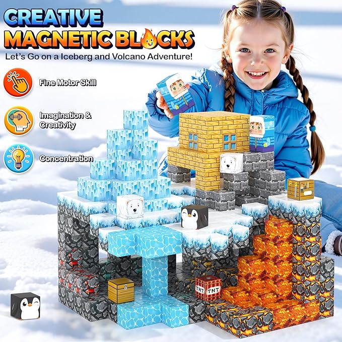 Large Magnetic Blocks 110PCS Ice Fire World Inspired Playset Kids Magnet Toys 1 inch Building Cubes Magworld Add-on Building Craft Sensory Toys Game Gifts for Kids Ages 3-5 4-6 5-7 8-12