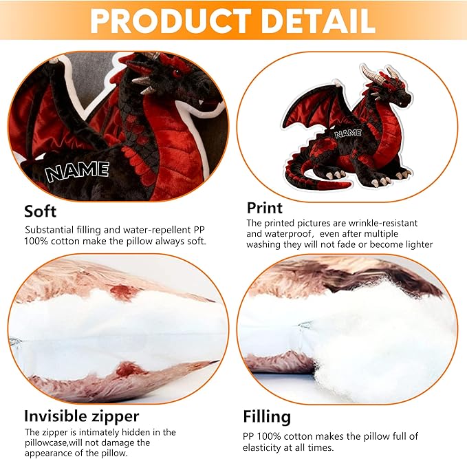 Custom Dragon Shaped Pillow Cute Personalized Name Plush Doll, Double-Sided Construction Engineering Vehicle Pillow for Kids, Birthday Gifts for Boys and Girls Sofa Decorative Pillows 8-32in