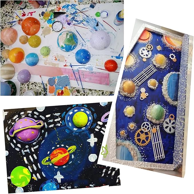 Acrice Solar System Model Kit for Kids Includes 14PCS Mixed Sized Foam Balls, 12PCS Bamboo Sticks, 12 Color Pigments, 2PCS Painting Brushes for School Science Projects and DIY Planet Handcraft