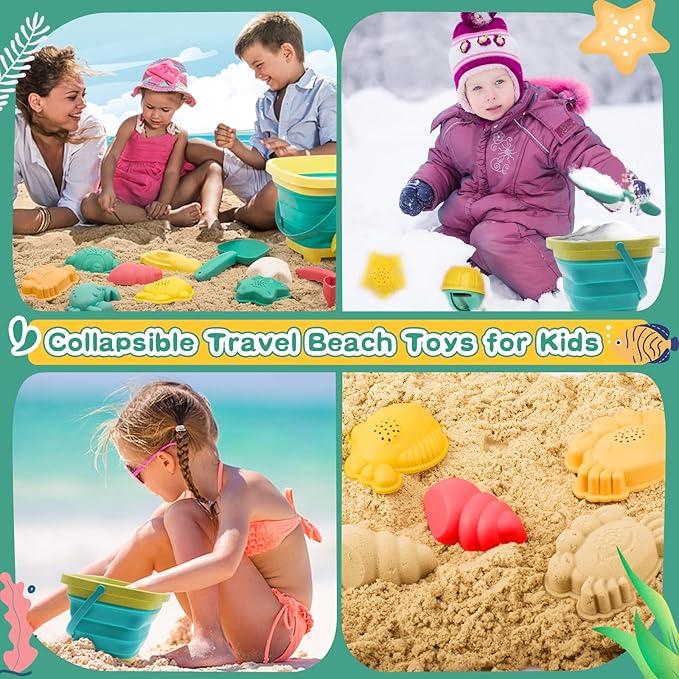 Beach Toys for Kids - Sand Toys Set Includes Collapsible Sand Bucket Shovel and Sand Rake Toy for Beach 12 PCS, Sandbox Toys Sandcastle Building Kit (A)