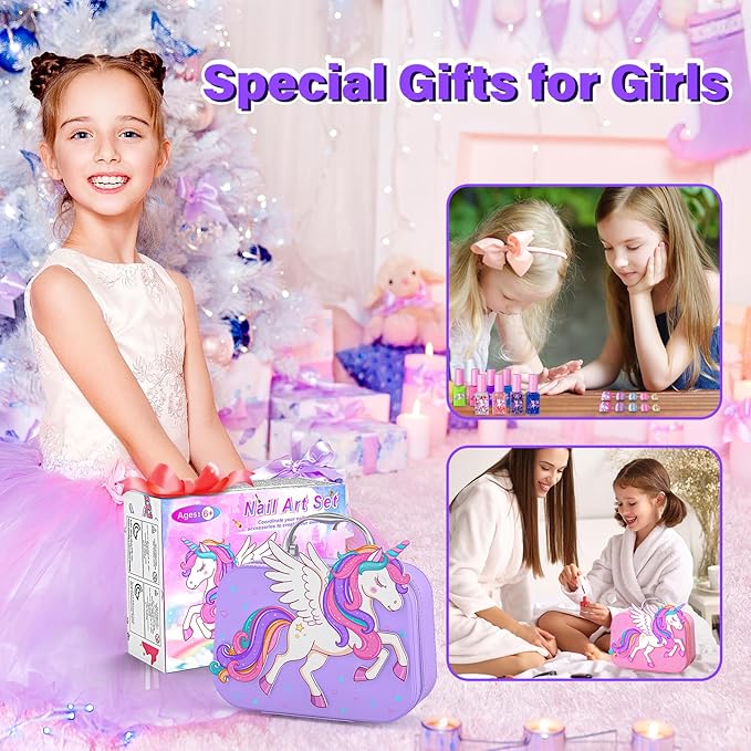 Kids Nail Polish Set for Girls Toys, Washable Quick-Dry Toddler Nail Art Kit with Air Cooling Dryer and Cosmetic Case, Christmas or Birthday Gifts for Girls Ages 3 4 5 6 7 9 10 11 12-Purple
