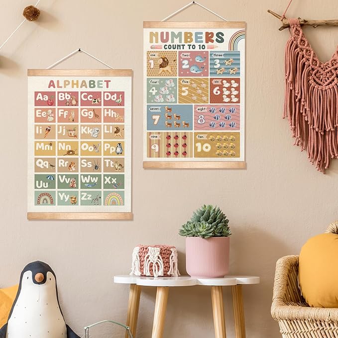 Kids Alphabet and Numbers Learning Posters Set of 2, Linen Canvas Educational Wall Art,Canvas Print Wall Hanging Posters, Cute Animal ABC 1-10 Numbers Charts for Nursery Playroom Preschool Classroom Decor, 18.5x14 Inch(Colorful-01)