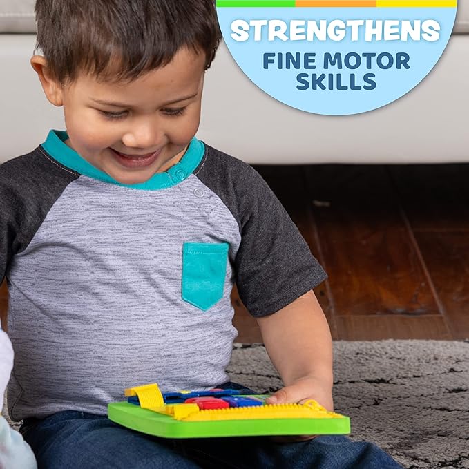 Buckle Toys Mini Busy Board for 1 Year Old Toddlers Travel Essentials for Kids, Montessori Toys for 1 Year Old Baby to Develop Fine Motor Skills, Great for Road Trip Activities for Kids Sensory Toy