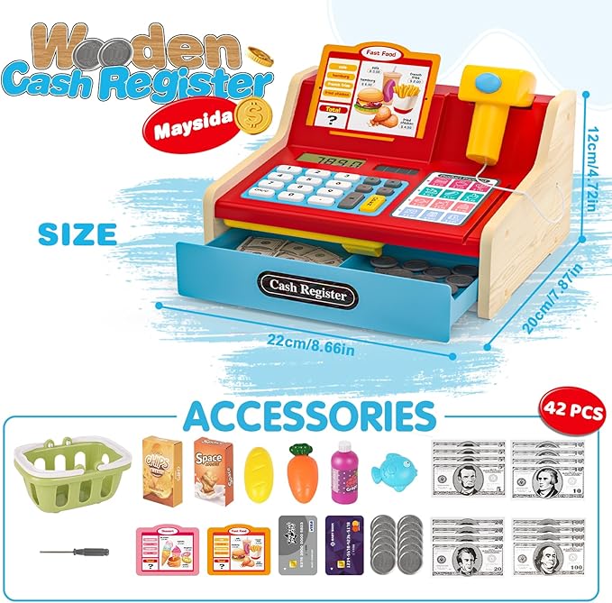 2025 Wooden Toy Cash Register for Kids,Rechargeable Counting Wood Cash Register Toys, Kids Cash Register with Scanner Realistic for Boy Girl Age 2-4 4-8, Pretend Toy Role-Playing Birthday Ideals Gift