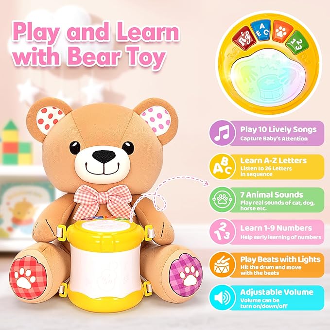 V-Opitos Stuffed Bear Musical Toys for Baby 6-12 Months+, Early Learning Light up Music Drum, Perfect Christmas Birthday Gifts for Boy & Girl Age 1, 2 Years Old