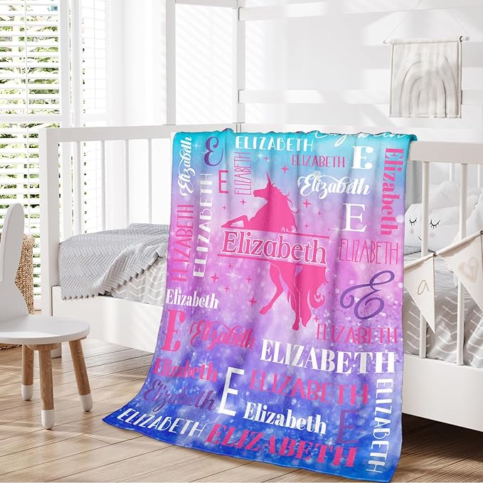 Personalized Unicorn Blankets for Kids Teens Adults, Girls Women Throw Blanket Gifts for Unicorn Lovers, Custom Name Soft Warm Flannel Monogram Blankets Decor for Bed Couch Sofa Home Room