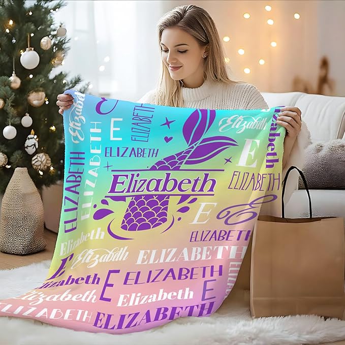 Kids Blanket for Girls 3-5, Custom Mermaid Gifts for Adults Teens Women, Personalized with Name Soft Warm Comfy Lightweight Monogram Mermaid Accessories Blankets for Travel Camp Home Living Room