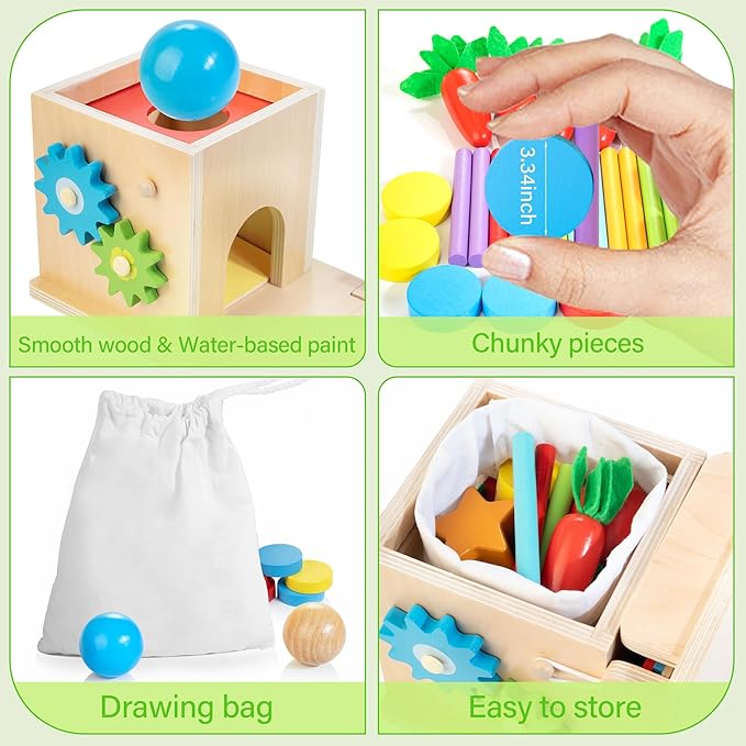 JUSTWOOD Montessori Toys for 1+ Year Old, 8-in-1 Wooden Play Kit Includes Object Permanent Box, Learning Activity Cube, Sorting & Stacking Toy, Carrot Harvest Game, Gift for Boys Girls Age 12+ Months