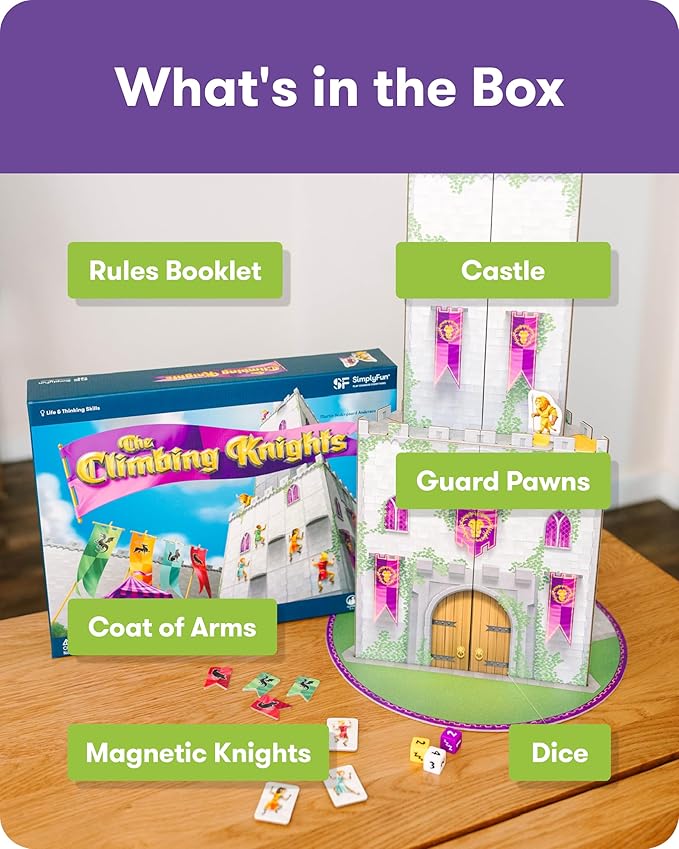 SimplyFun The Climbing Knights - Exciting Castle Climbing Strategy Board Game - Fine Motor Skills - Educational Fun with Magnetic Knights, Guard Pawns, & Premium Components - 2-4 Players, Ages 8 & Up