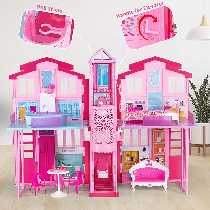 Large Foldable Doll House, 36'' Play House Dollhouse for 12" Dolls, Portable Princess House with Elevator, Bed, Basin & Pets etc, Doll Accessories, Gift for Birthday Christmas for Girls