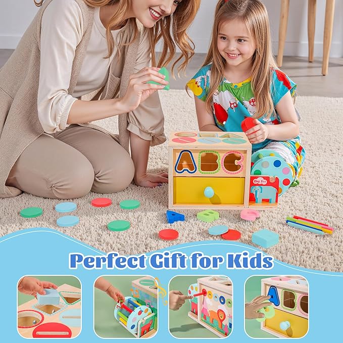 Toddlers Wooden Activity Cube Toys, 5-in-1 Montessori Toys for 3 Year Old Boys Girls, Shape Color Sorting Sensory Toy, Drawer Box Toy, Multipurpose Educational Learning for Baby