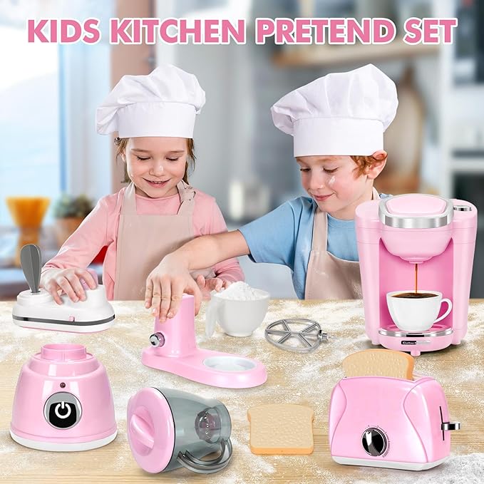 Pink Play Kitchen Appliances Toy Set with Coffee Maker Machine, Mixer, Toaster, Blender, Kids Kitchen Playset, Play Kitchen Accessories with Sound & Light, Birthday Gifts for Kid Girls Ages 3-5 4-8