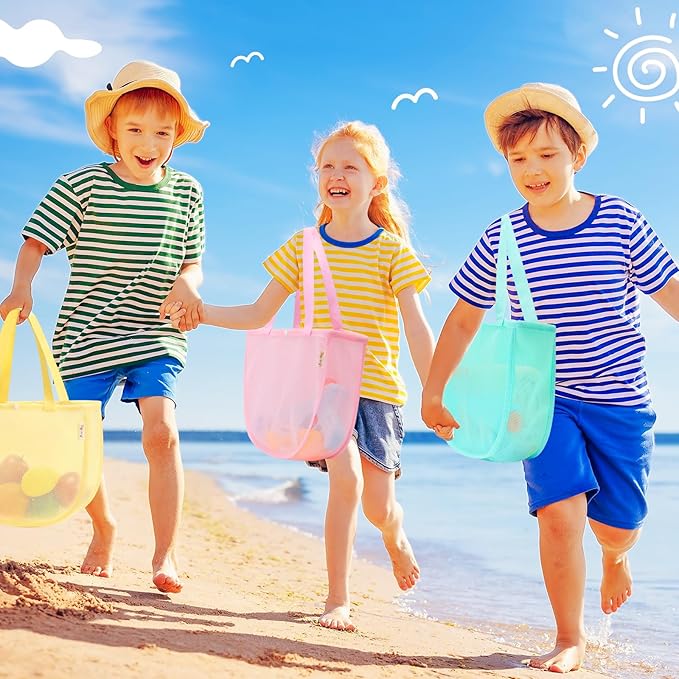 Tagitary Beach Toy Mesh Beach Shell Bags for Kids, Sand Toys Kids Beach Essential Treasure Bag Swimming Pool Bag Beach Gift for Boys and Girls(Only Bags,A Set of 3)