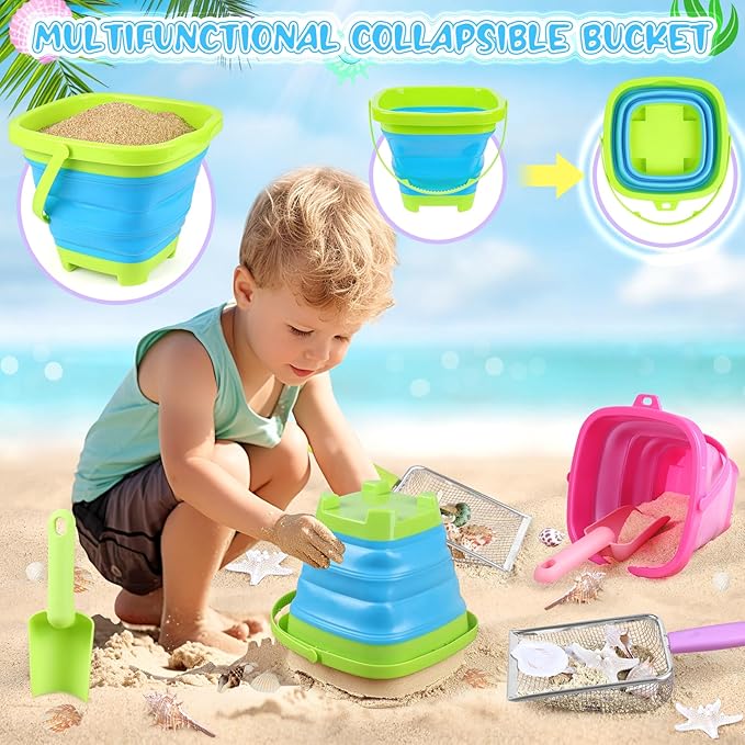 Beach Toys, Sand Toys with 2 Collapsible Beach Bucket and Beach Mesh Shovel, Sand Shovel, Shark Tooth Sifter and Mesh Bag for Shell Collecting, Sand Dipper Beach Scoop for Kids Boys Girls