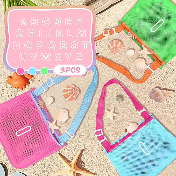 3Pcs Personalized Kids Beach Shell Bag, Initial Seashell Mesh Zipper Beach Pouch, Shell Collecting Bag for Holding Shells with Adjustable Straps, Sand Toys Swim Pouch Gift for Girl Boy Teens(Letter I)