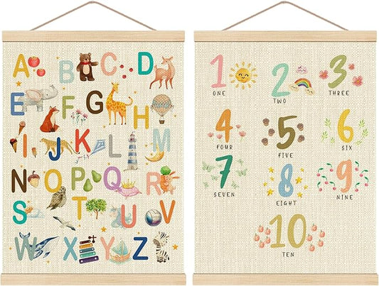 HKTZM Animal Wooden Alphabet Poster, Cute Sign Number Poster Hanger Frame 12.5x17 Inch, Educational Posters for Toddler, Learning Posters for Nursery Playroom Decor, Set of 2