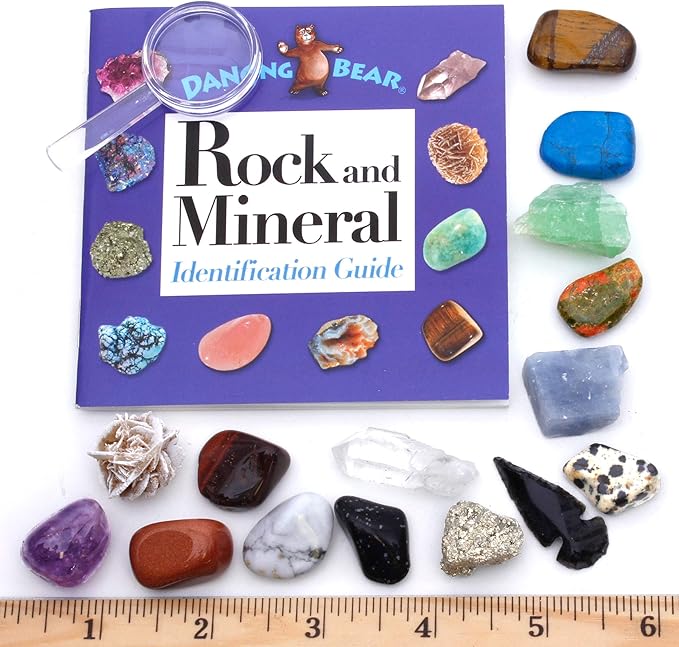 DANCING BEAR -15 Pc Rock & Mineral Collection with Collector Box/Display Case, ID Sheet, Rock Book, Magnifying Glass, Beginner Starter Set, Kids' Gemstone Crystal Kit, STEM Geology Science Education