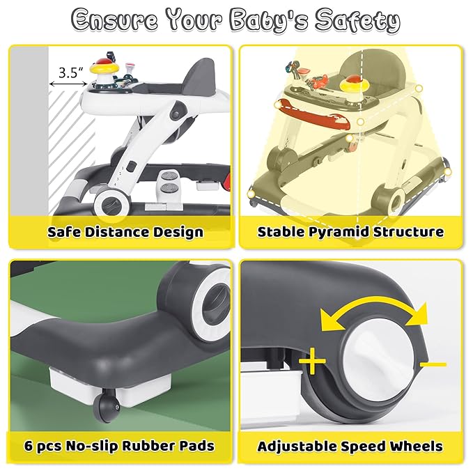 6 in 1 Baby Walker, Baby Activity Center for Toddler, Walker Rocker Bouncer w/Adjustable Height Speed, Learning-Seated & Walk-Behind, Infant Walker w/Feeding Tray & Music Toys, Grey