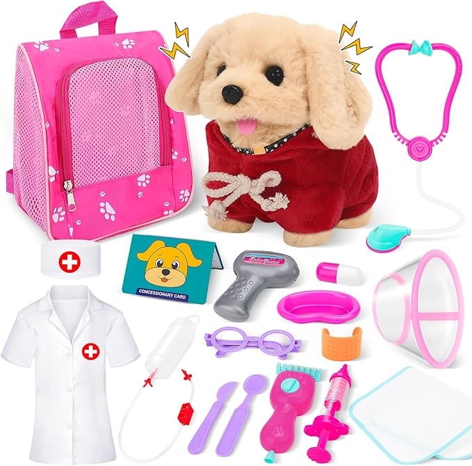 deAO Dog Toys for Kids Doctor Kit,Walking Barking Electronic Interactive Stuffed Dog with Veterinarian Costume, Pet Backpack, Pretend Play Vet Kit Christmas Birthday Gifts for Boys Girls 3+ Years Old