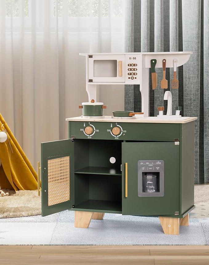 ROBOTIME Play Kitchen with Pretend Ice Cube Dispenser for Toddler, Wooden Kids Kitchen Play Set, Toy Kitchen Set for Kids Age 3 4 5 6 7 (Vintage Green)