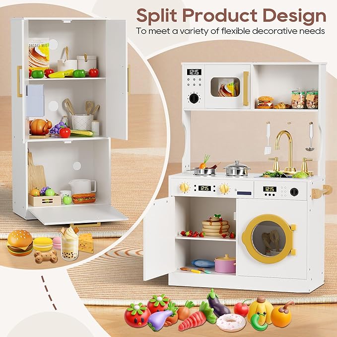 Kids Kitchen Playset with Realistic Design, Luxury Play Kitchen with Extended Storage Cabinets, Toy Kitchen for Toddlers with Coffee Counter, Cookware Accessories, Oven, Microwave (Soft White)