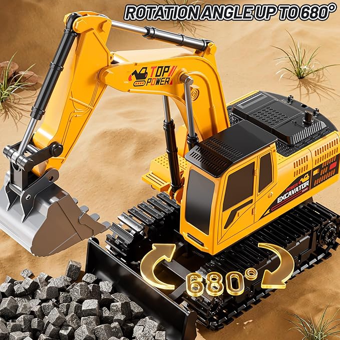 Remote Control Excavator Toys for Boys Age 6-12, 11CH 2.4Ghz RC Sand Digger with Metal Shovel Lights/Sounds, Construction Truck Toys for Boys 3 4 5 6 7 8 9 10 11 12 Year Old Kids
