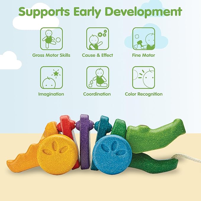 PlanToys® Rainbow Dancing Alligator Pull Toy for Toddlers | Eco-Friendly Wooden Toy with Click-Clack Sound | Walking Toy for Babies