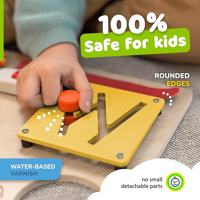 deMoca Sensory Busy Board for Toddlers, Premium Wooden Toddler Busy Board for 1 2 3 Year Old with 10 Educational Activities for Fine Motor Skills, Fidget Activity Toy for Travel Toy