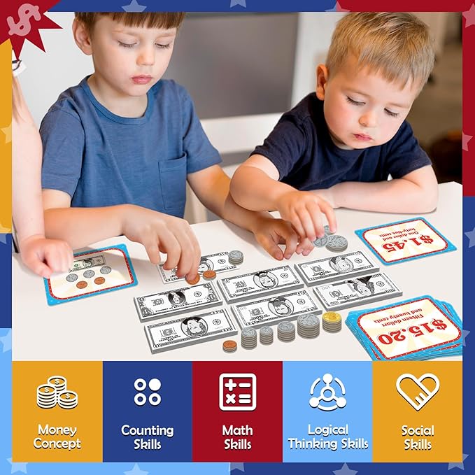 Pretend Play Money for Kids for Learning, Math Manipulatives for Toddlers, Math Games for Teaching, Counting, Educational Card Games,Bills and Coins,Kindergartner Classroom,Homeschool Supplies