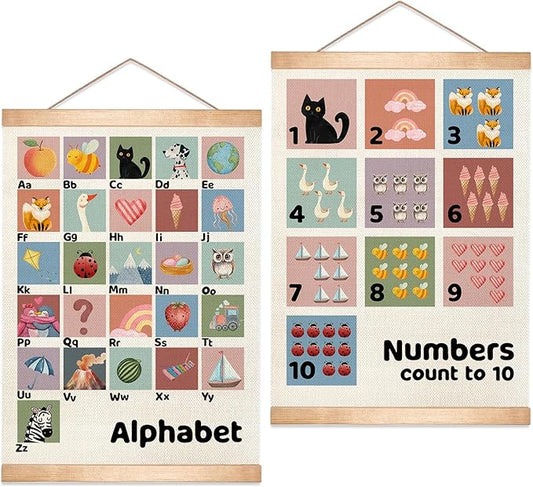 Kids Alphabet and Numbers Learning Posters Set of 2, Linen Canvas Educational Wall Art,Canvas Print Wall Hanging Posters, Cute Animal ABC 1-10 Numbers Charts for Nursery Playroom Preschool Classroom Decor, 18.5x14 Inch(Colorful-02)