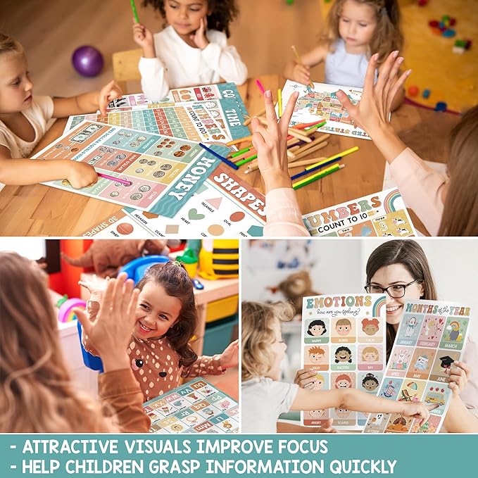 BEAWART 16 Boho Groovy Educational Posters for Preschoolers - Laminated Pre-K and Kindergarten Learning Poster Charts for Toddlers 1-3-5 - Homeschool and Classroom Decor for Kids' Walls