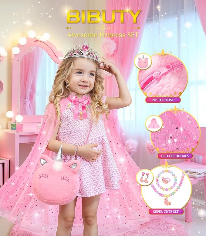 Kids Makeup Kit for Girl, Princess Toys Pretend Play Makeup Girls Toys, Kids Makeup Sets for Girls Beauty Salon Set Hair Accessories with Mirror, Hairdryer, Princess Cape Crown Handbag,Birthday Gifts