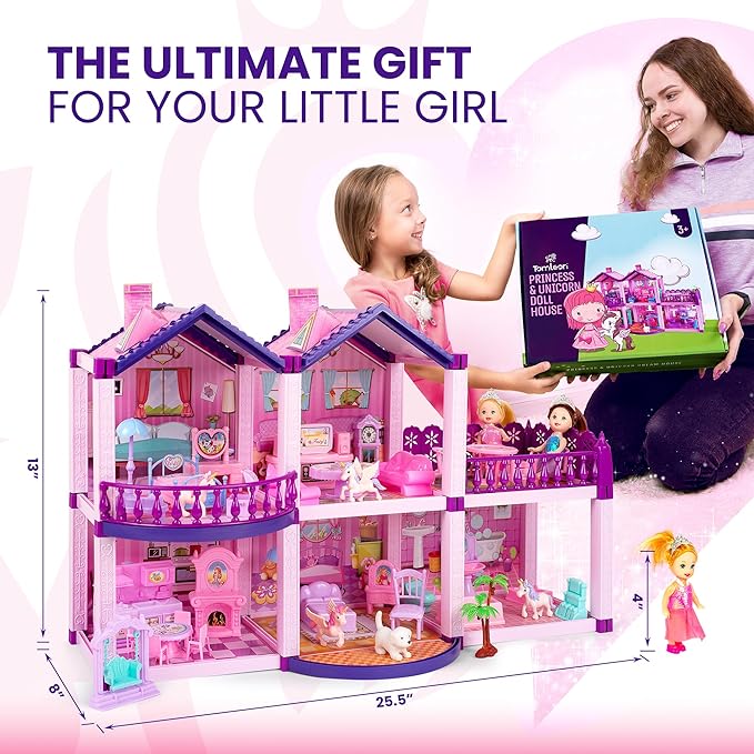 Dollhouse with 4 Princesses, 4 Unicorns, Dog, Furniture and Accessories - Pink and Purple Dream Doll House Toy for Little Girls - 5 Rooms w/Garden, Furniture and Accessories, Gift for Girls Ages 2-7