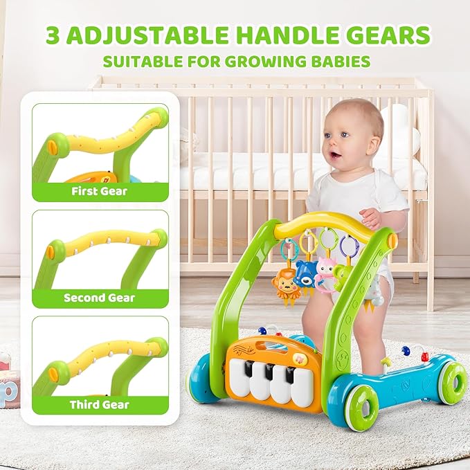 4-in-1 Baby Gym Play Mat with Learning Walker, Tummy Time Mat & Baby Push Toys for Newborn Infant 0-3-6-9-12 Month Boy Girl, Babies Activity Center with Play Piano & Lights, Ideal Toddler Baby Gifts