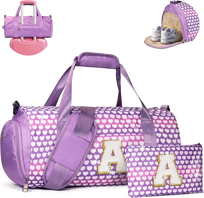 Stocking Stuffers for Kids-Teen Girl Gifts Trendy Stuff, Girls Travel Duffel Bag, Kids Overnight Bags with Shoe Compartment, Gym Ballet Dance Bag with Makeup Pouch, Birthday Gift (Letter A)