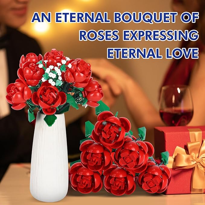 Flower Bouquet Building Kit,1000 Pcs Artificial Flower Bouquet Kit for Adults,Botanical Collection for Home Decor,Ideal Gift for Women,Christmas,Anniversaries (Red Rose)